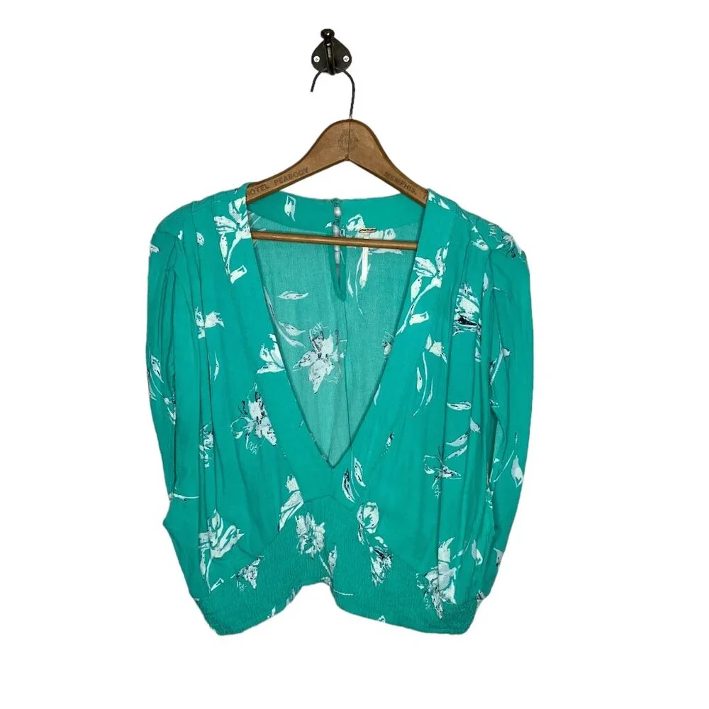 Free People L Teal Floral‎ Crinkle Nile River Smocked Crop Top ASO Taylor Swift